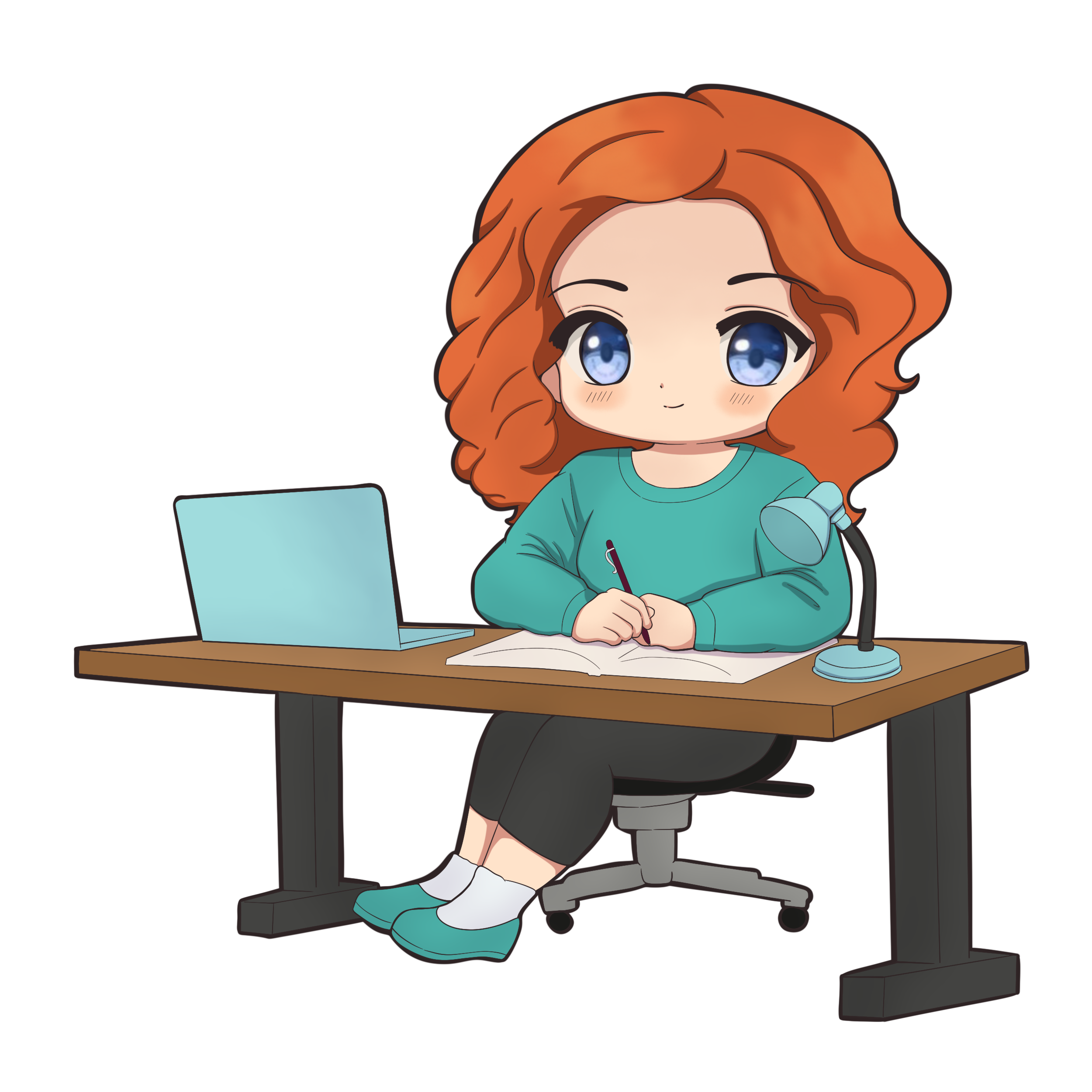 Cartoon of Heather Texle sitting at her desk.